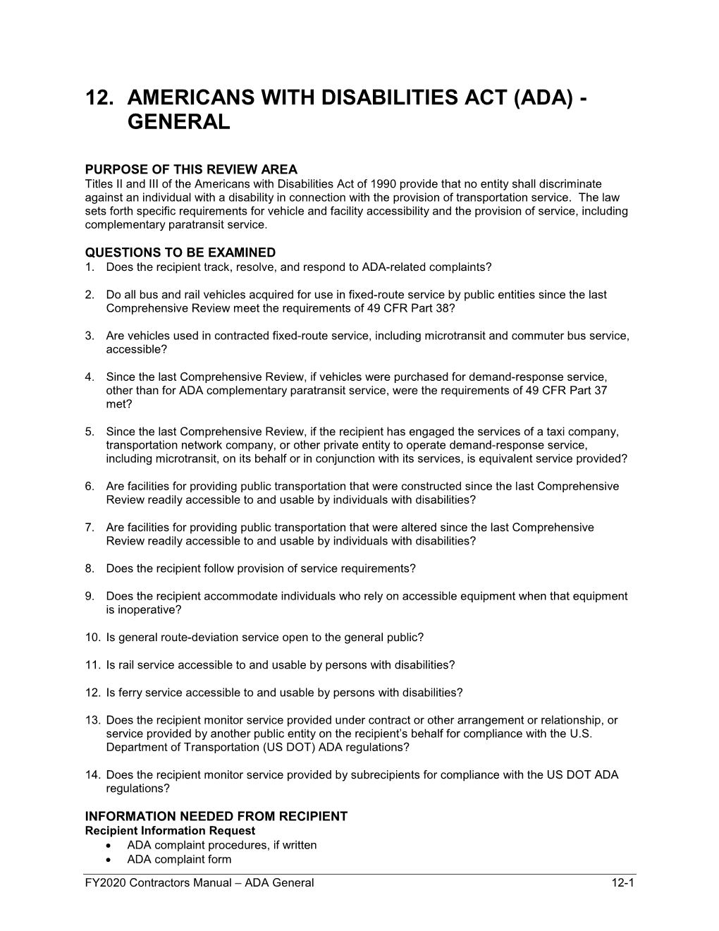 FY2020 Contractors Manual Section 12 ADA General