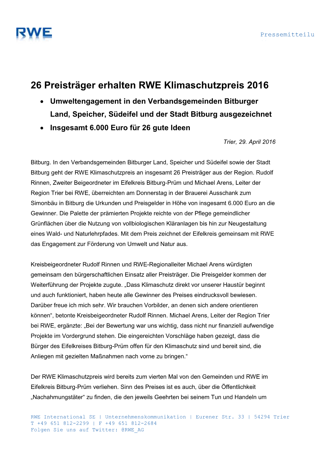 26 Preisträger Erhalten RWE Klimaschutzpreis 2016
