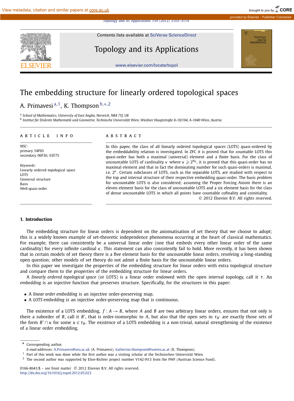 The Embedding Structure for Linearly Ordered Topological Spaces ∗ A