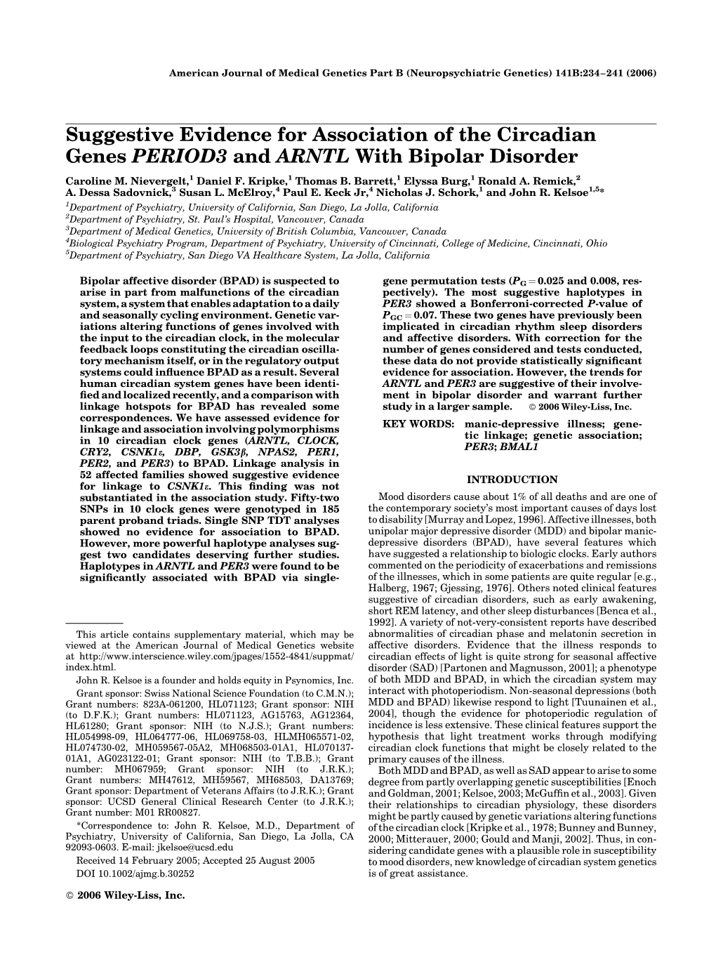 Suggestive Evidence for Association of the Circadian Genes PERIOD3 and ARNTL with Bipolar Disorder Caroline M