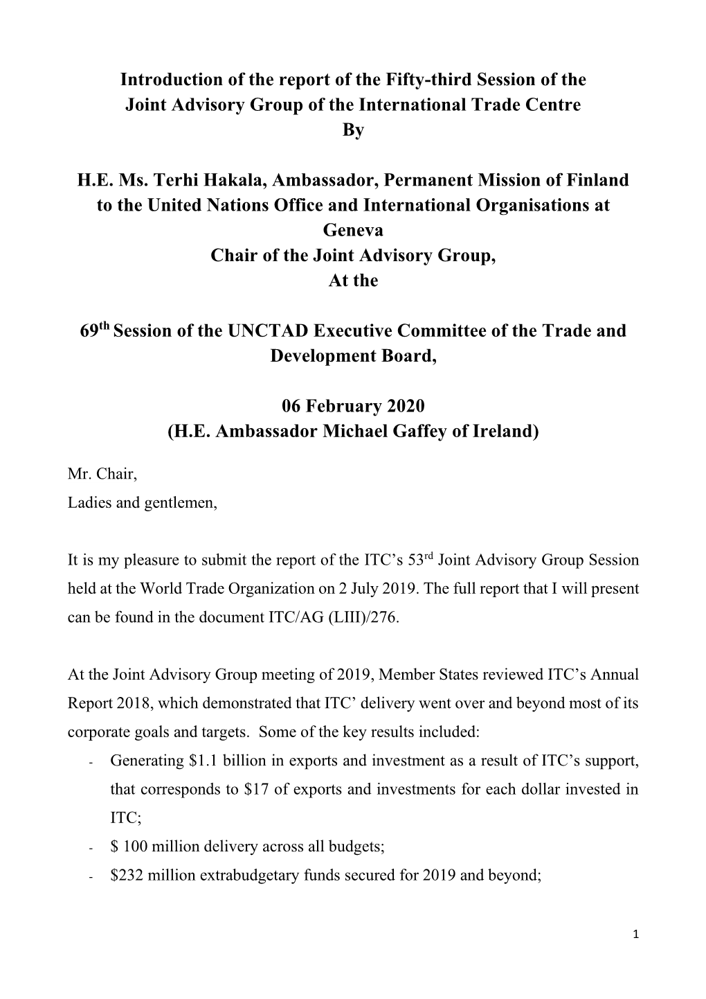 Report of the Fifty-Third Session of the Joint Advisory Group of the International Trade Centre By