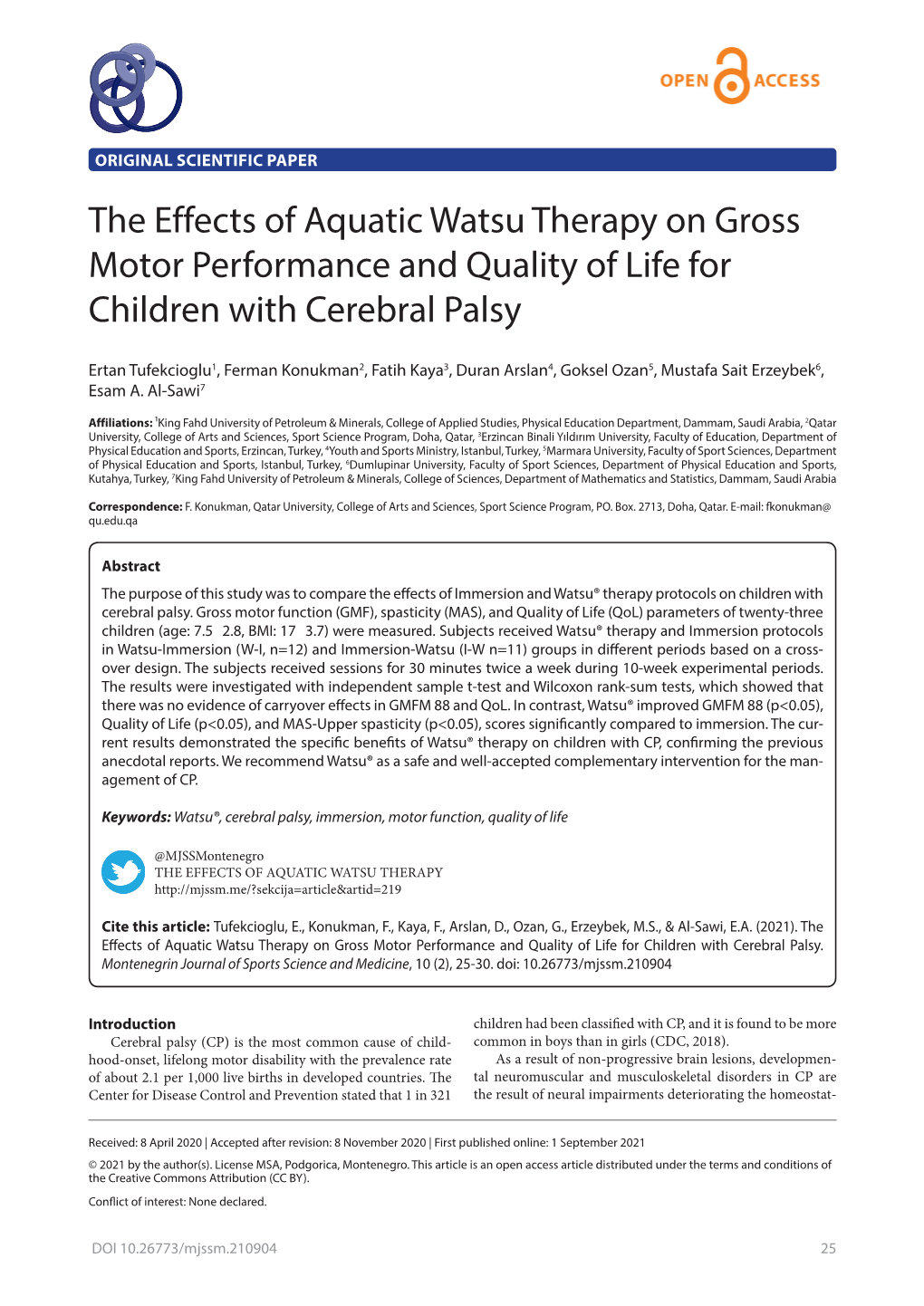 The Effects of Aquatic Watsu Therapy on Gross Motor Performance and Quality of Life for Children with Cerebral Palsy