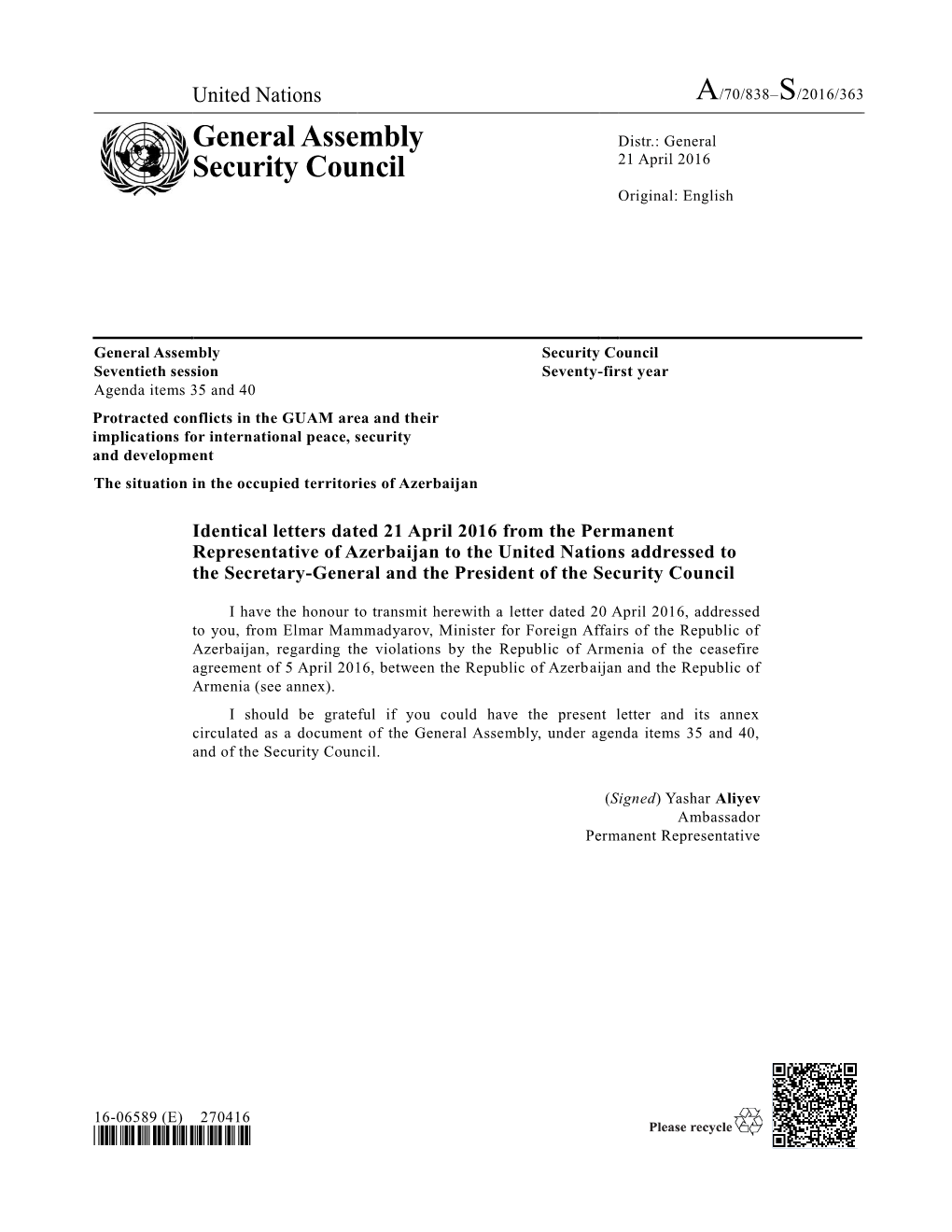 General Assembly Security Council Seventieth Session Seventy-First Year Agenda Items 35 and 40