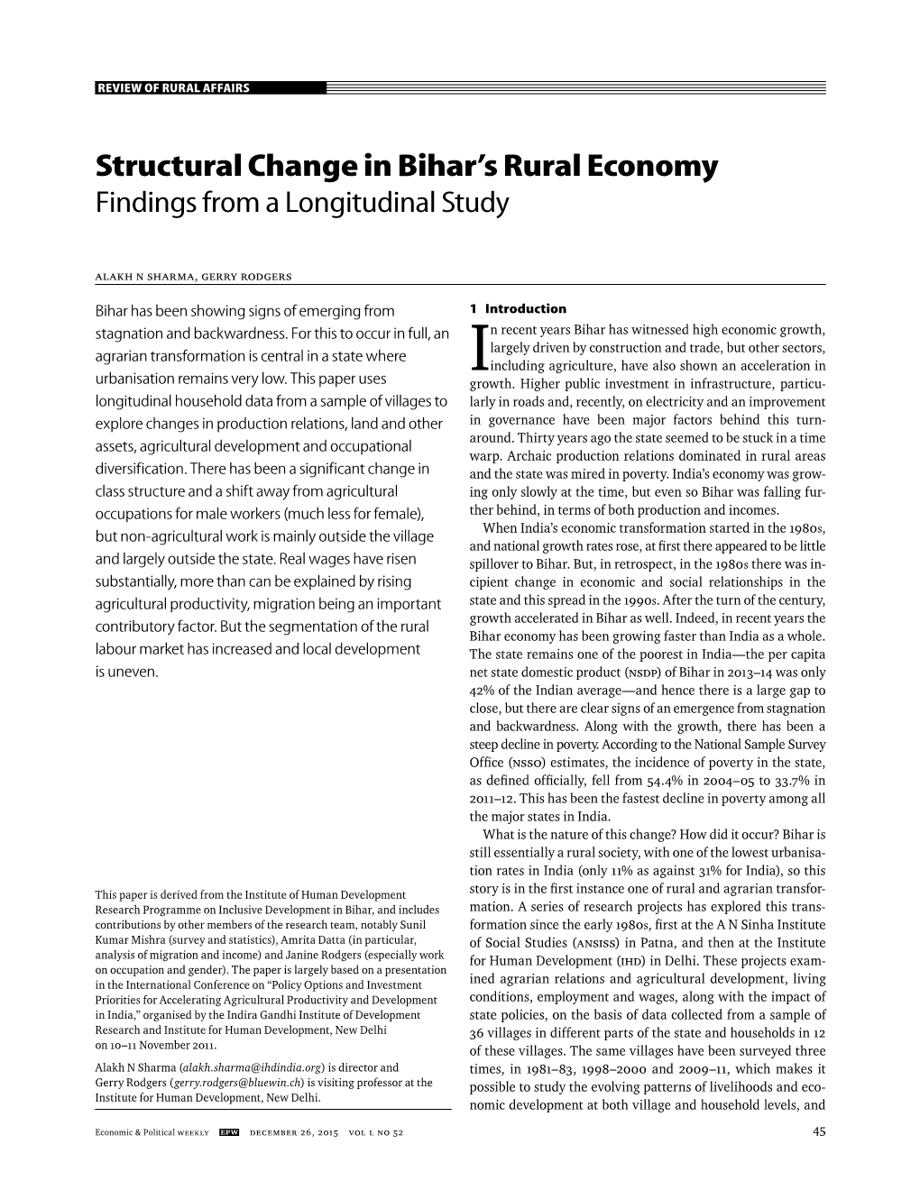 Structural Change in Bihar's Rural Economy