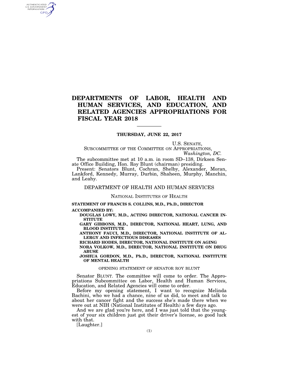 Departments of Labor, Health and Human Services, and Education, and Related Agencies Appropriations for Fiscal Year 2018