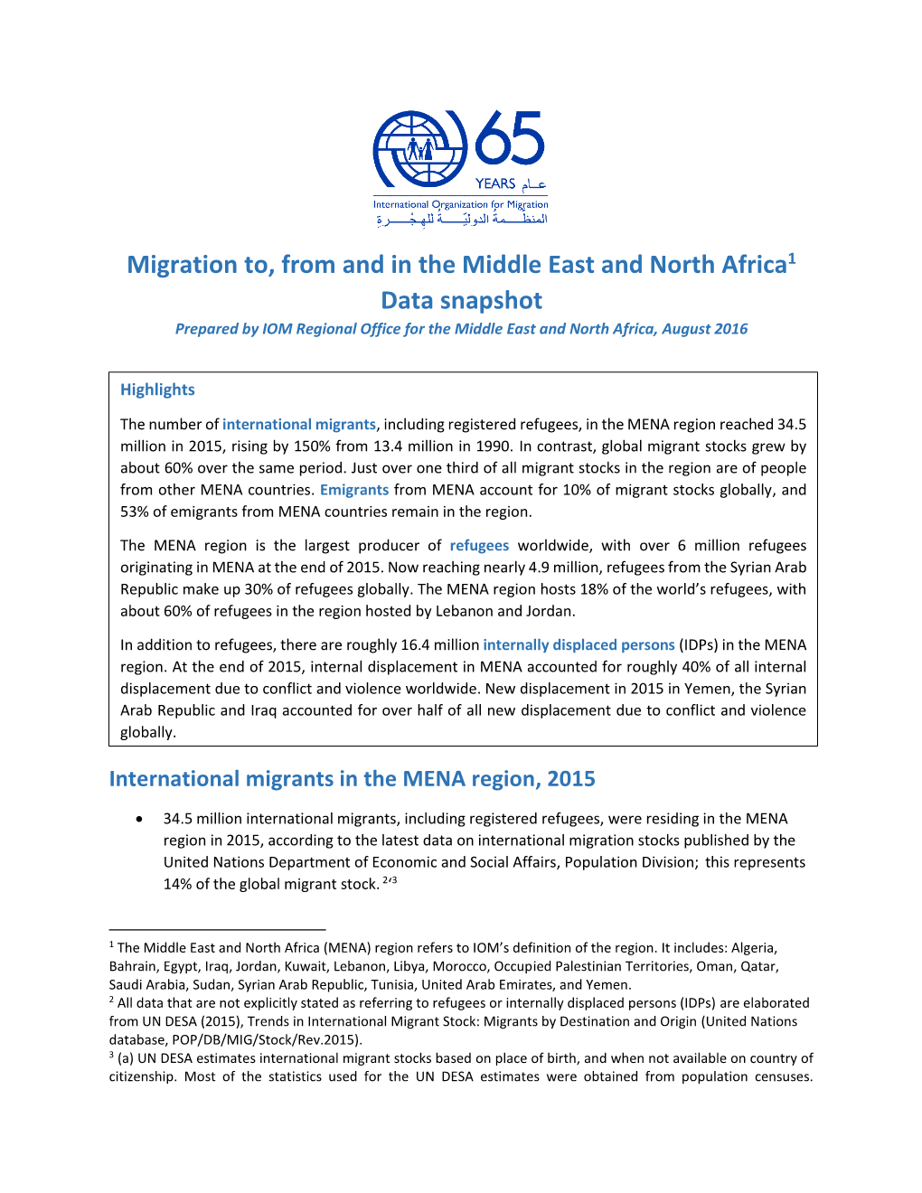 Migration To, from and in the Middle East and North Africa Data Snapshot