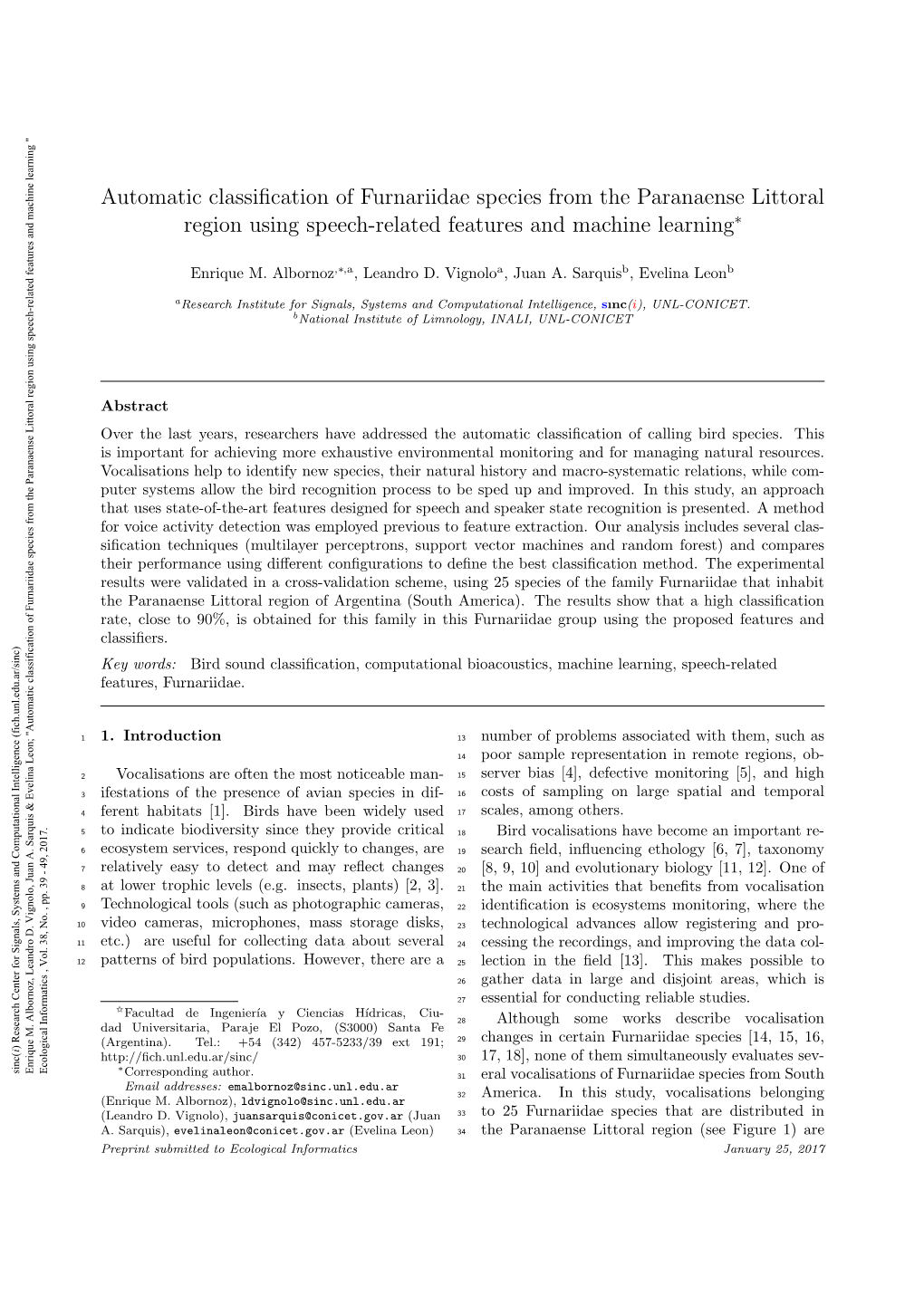 Automatic Classification of Furnariidae Species from the Paranaense Littoral Region Using Speech-Related Features and Machine Learning 