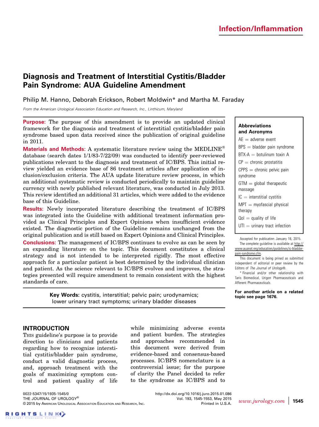 Diagnosis and Treatment of Interstitial Cystitis/Bladder Pain Syndrome: AUA Guideline Amendment