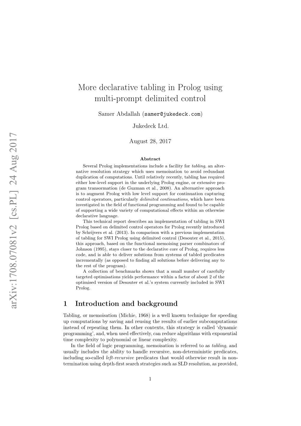 Declarative Tabling in Prolog Using Multi-Prompt Delimited Control