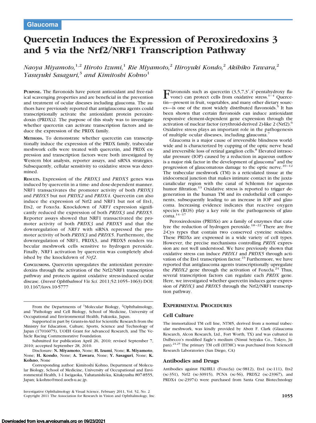 Quercetin Induces the Expression of Peroxiredoxins 3 and 5 Via the Nrf2/NRF1 Transcription Pathway