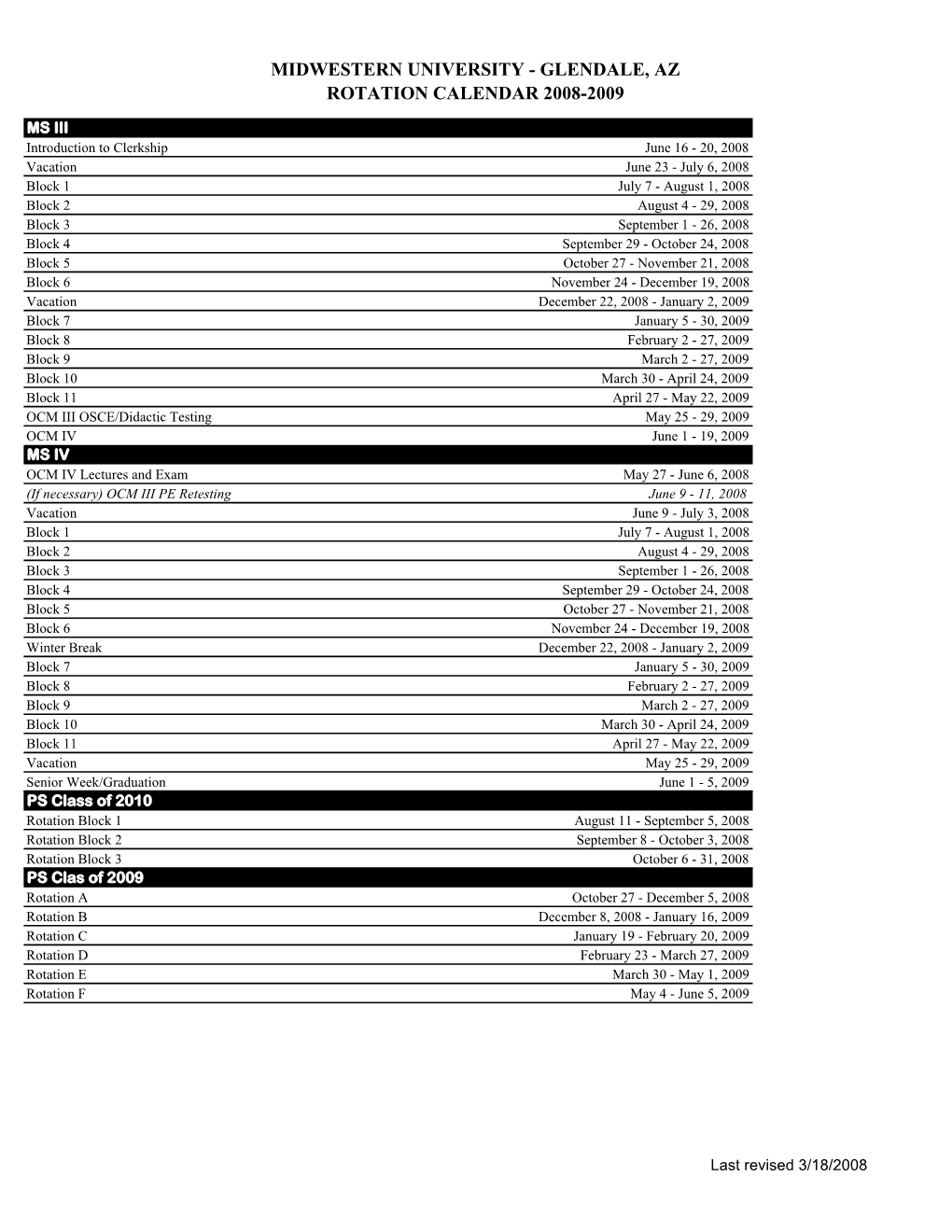 Glendale Rotation Calendar 2008-2009