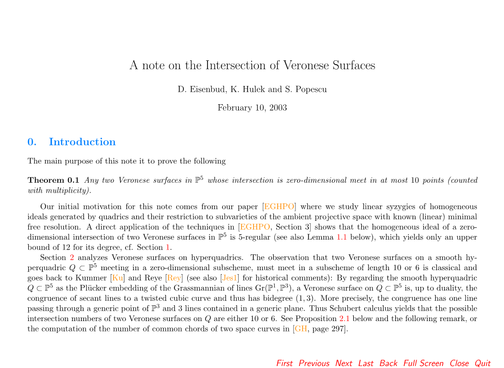 A Note on the Intersection of Two Veronese Surfaces