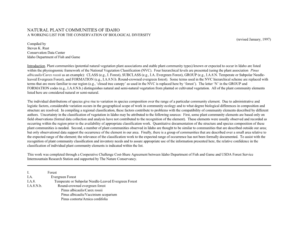 NATURAL PLANT COMMUNITIES of IDAHO a WORKING LIST for the CONSERVATION of BIOLOGICAL DIVERSITY (Revised January, 1997) Compiled by Steven K