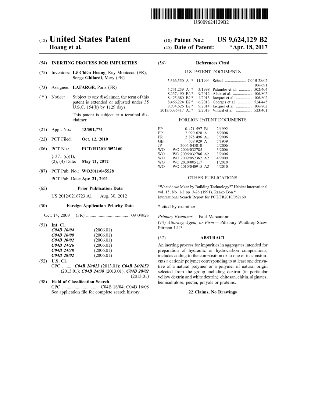 (12) United States Patent (10) Patent No.: US 9,624,129 B2 Hoang Et Al