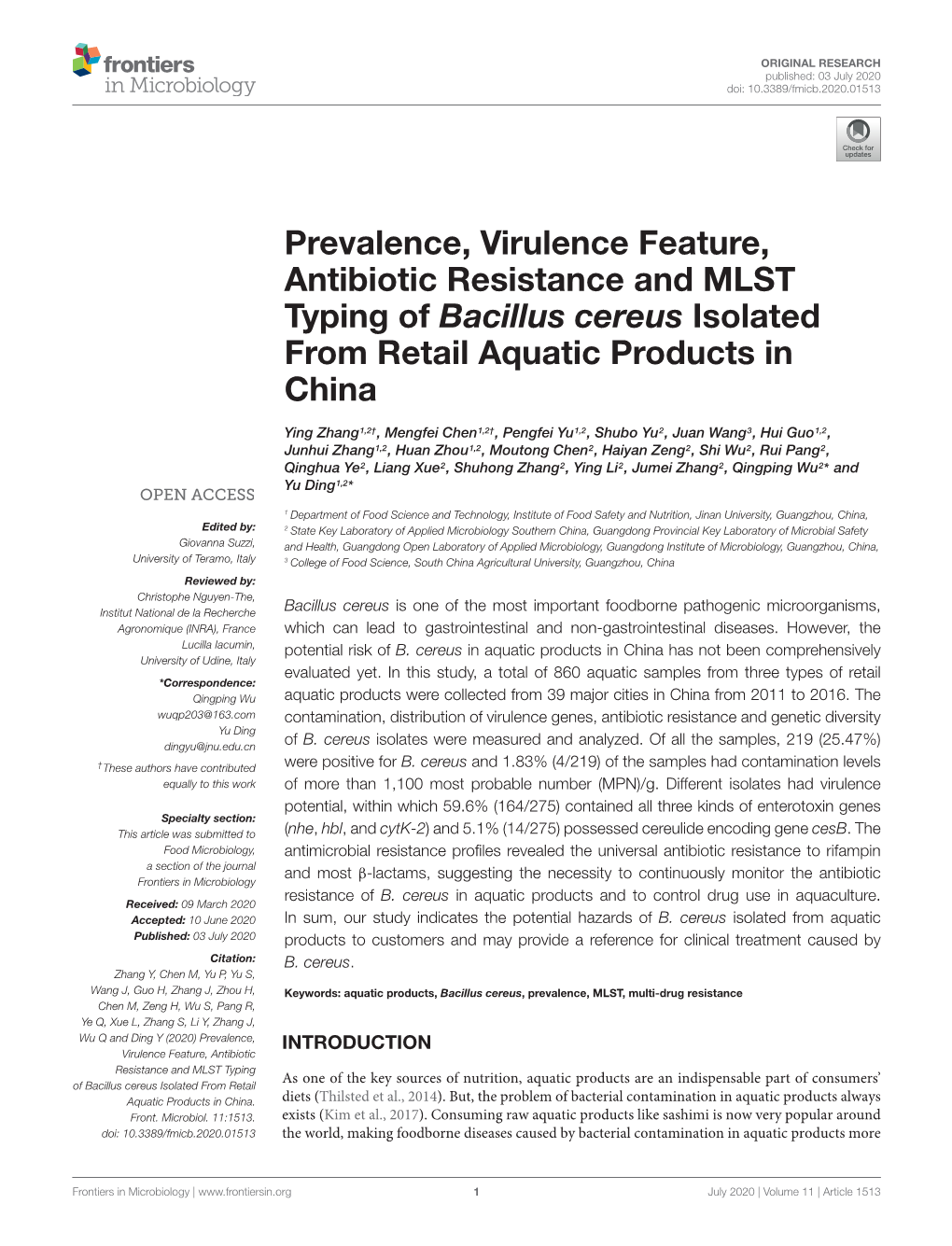 Prevalence, Virulence Feature, Antibiotic Resistance and MLST Typing of Bacillus Cereus Isolated from Retail Aquatic Products in China