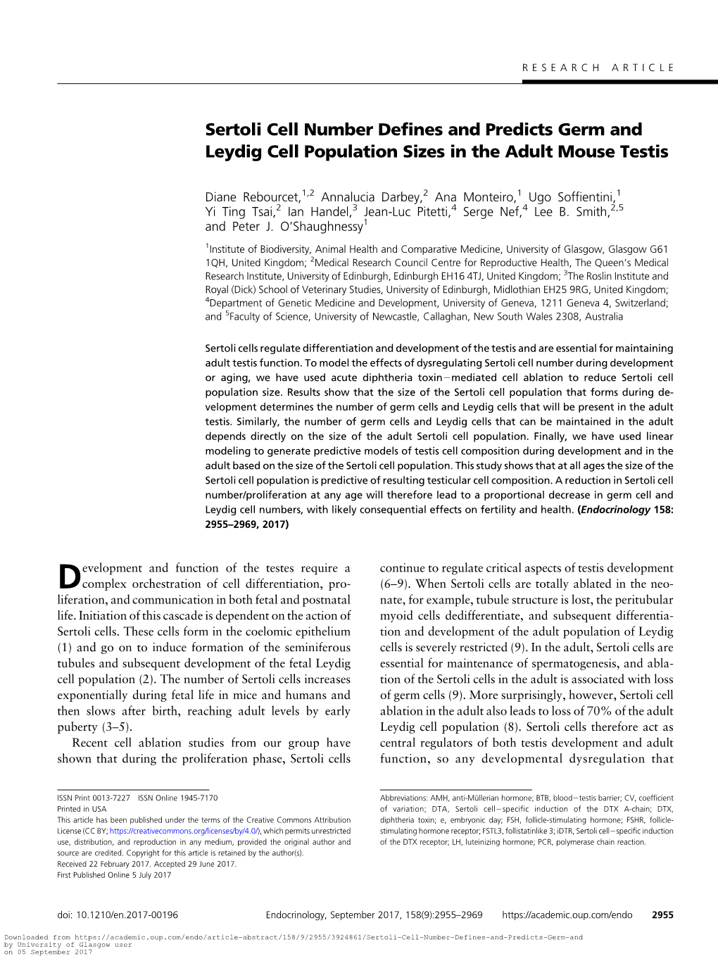 Sertoli Cell Number Defines and Predicts Germ and Leydig Cell Population Sizes in the Adult Mouse Testis