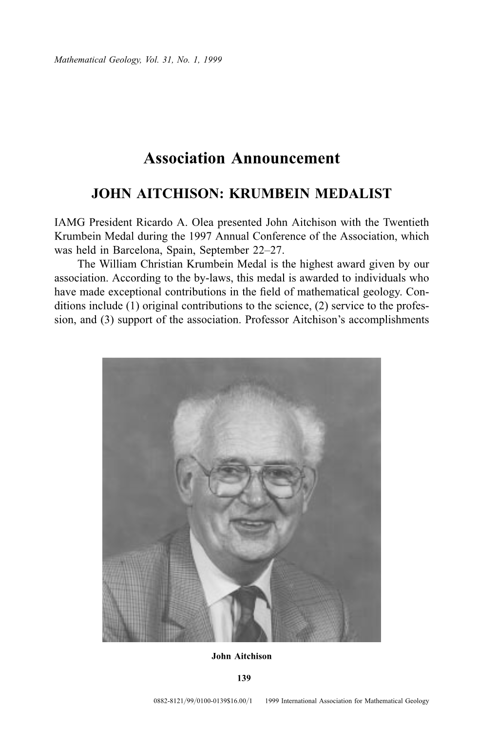 John Aitchison: Krumbein Medalist