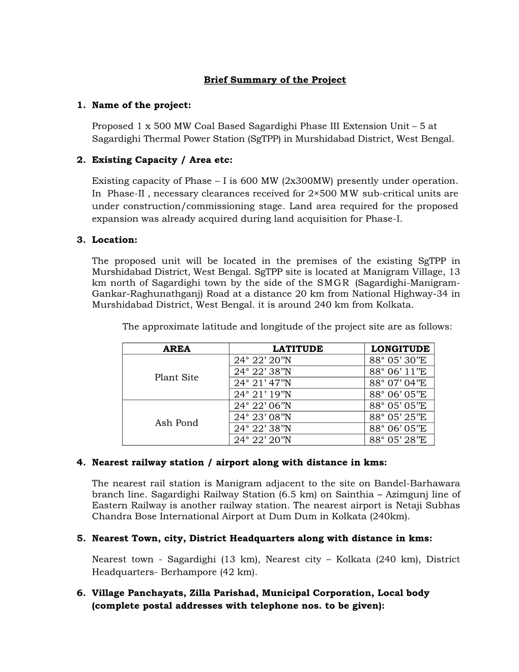 Proposed 1 X 500 MW Coal Based Sagardighi Phase III Extension Unit – 5 at Sagardighi Thermal Power Station (Sgtpp) in Murshidabad District, West Bengal