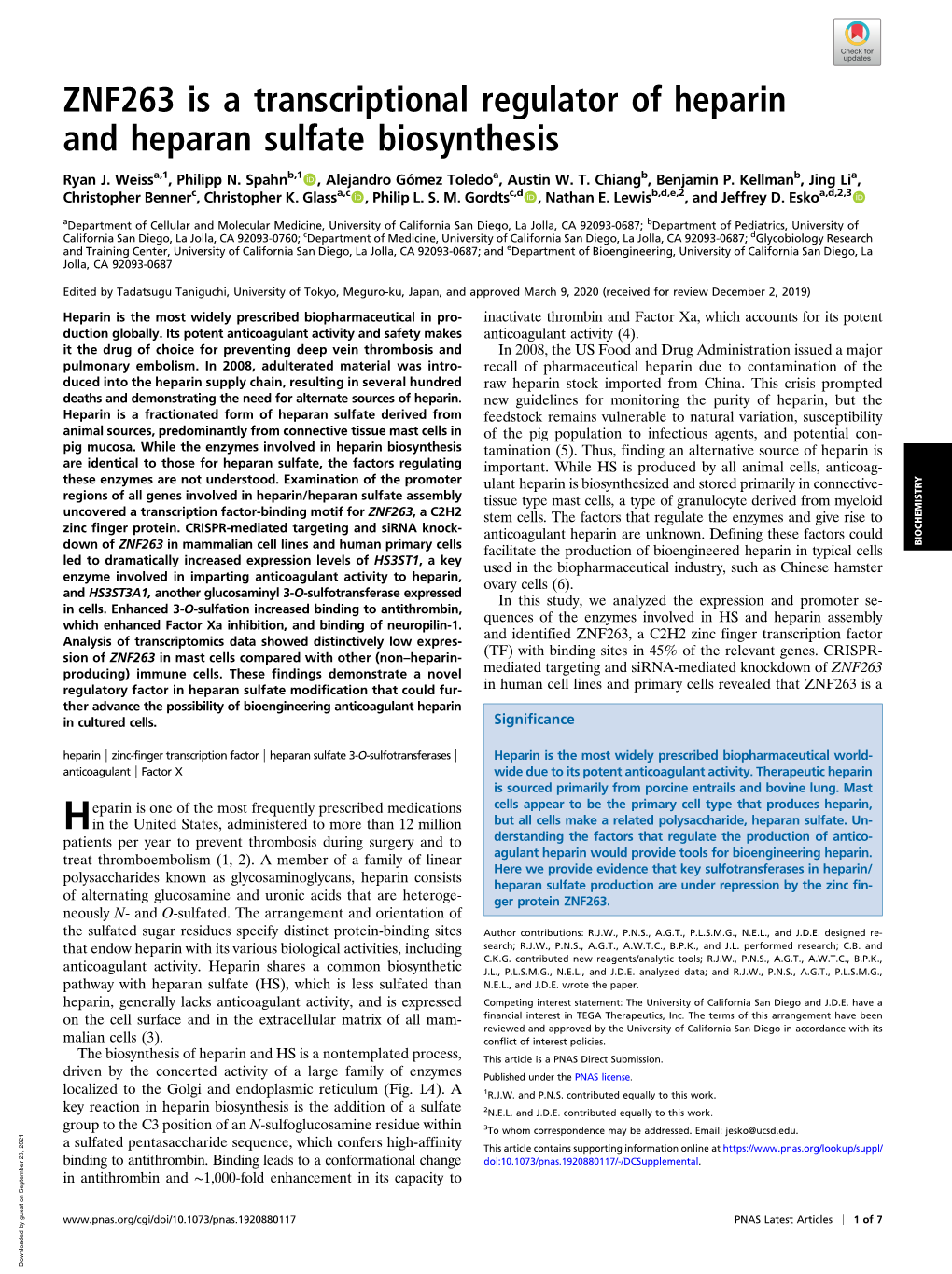 ZNF263 Is a Transcriptional Regulator of Heparin and Heparan Sulfate Biosynthesis