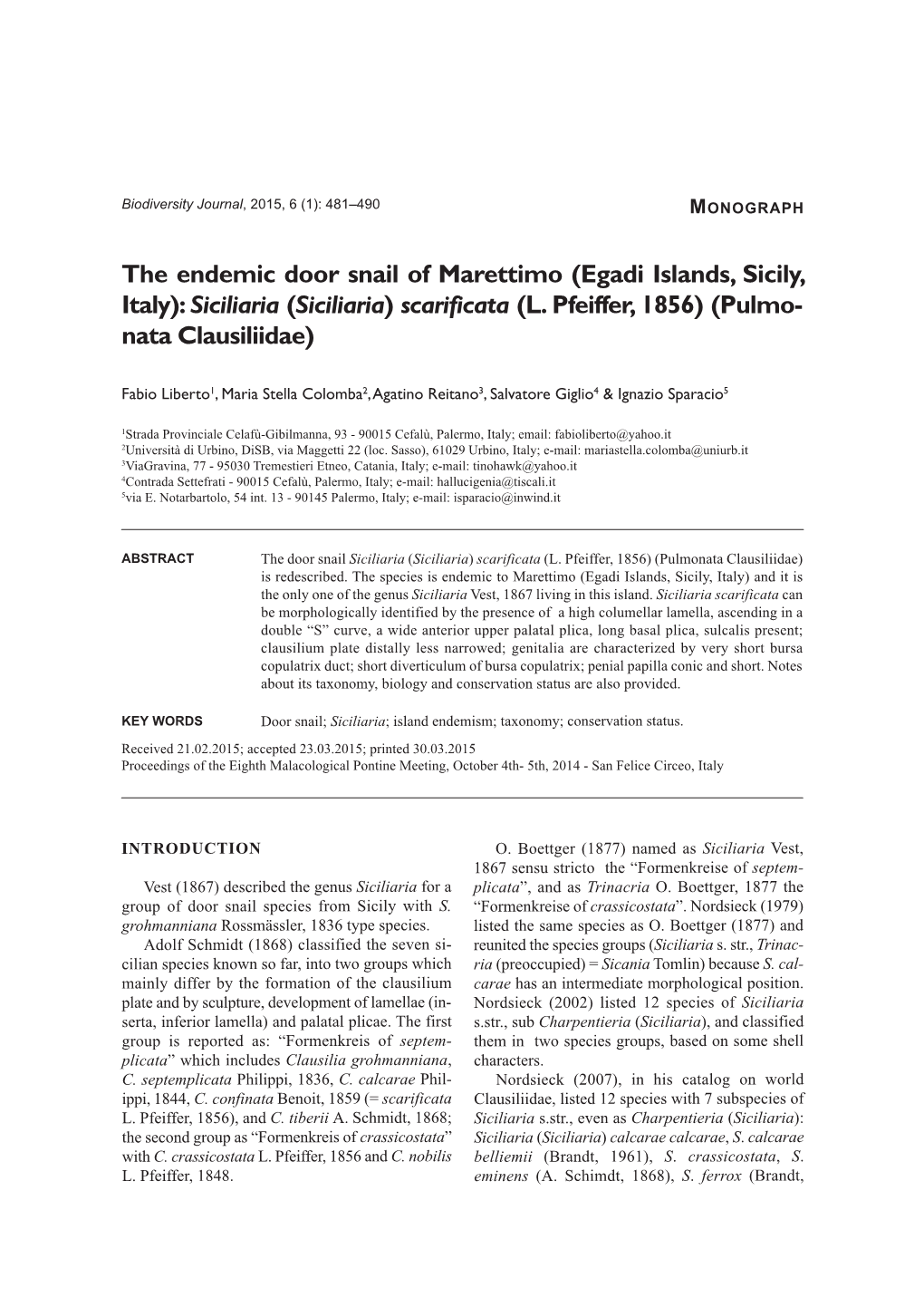 The Endemic Door Snail of Marettimo (Egadi Islands, Sicily, Italy): Siciliaria (Siciliaria) Scarificata (L