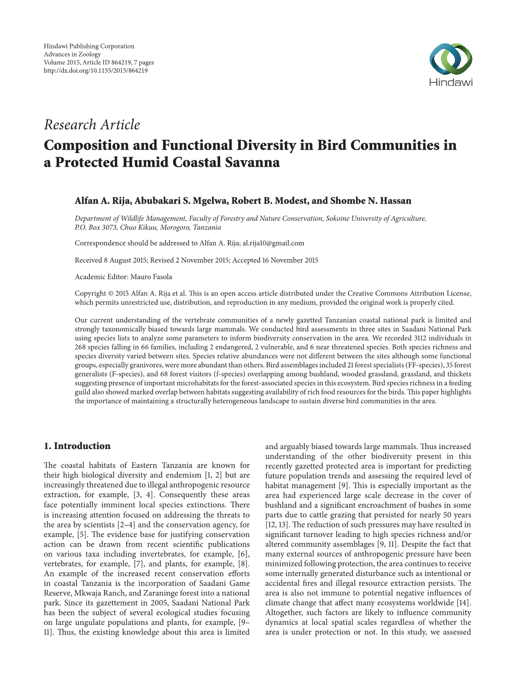 Composition and Functional Diversity in Bird Communities in a Protected Humid Coastal Savanna