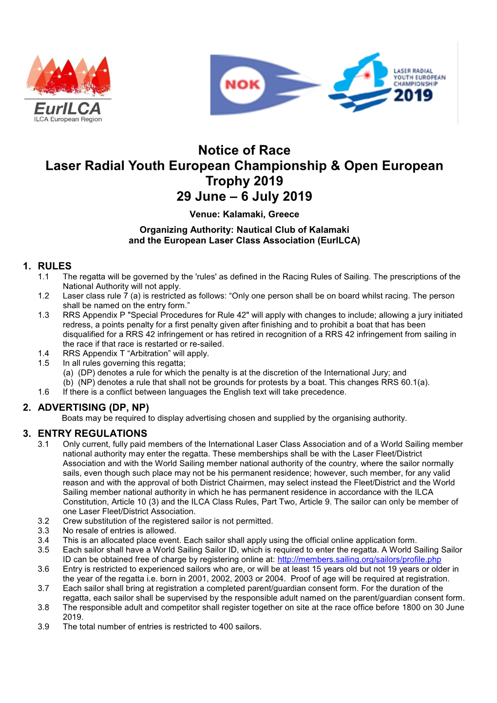 Notice of Race Laser Radial Youth European Championship & Open European Trophy 2019 29 June