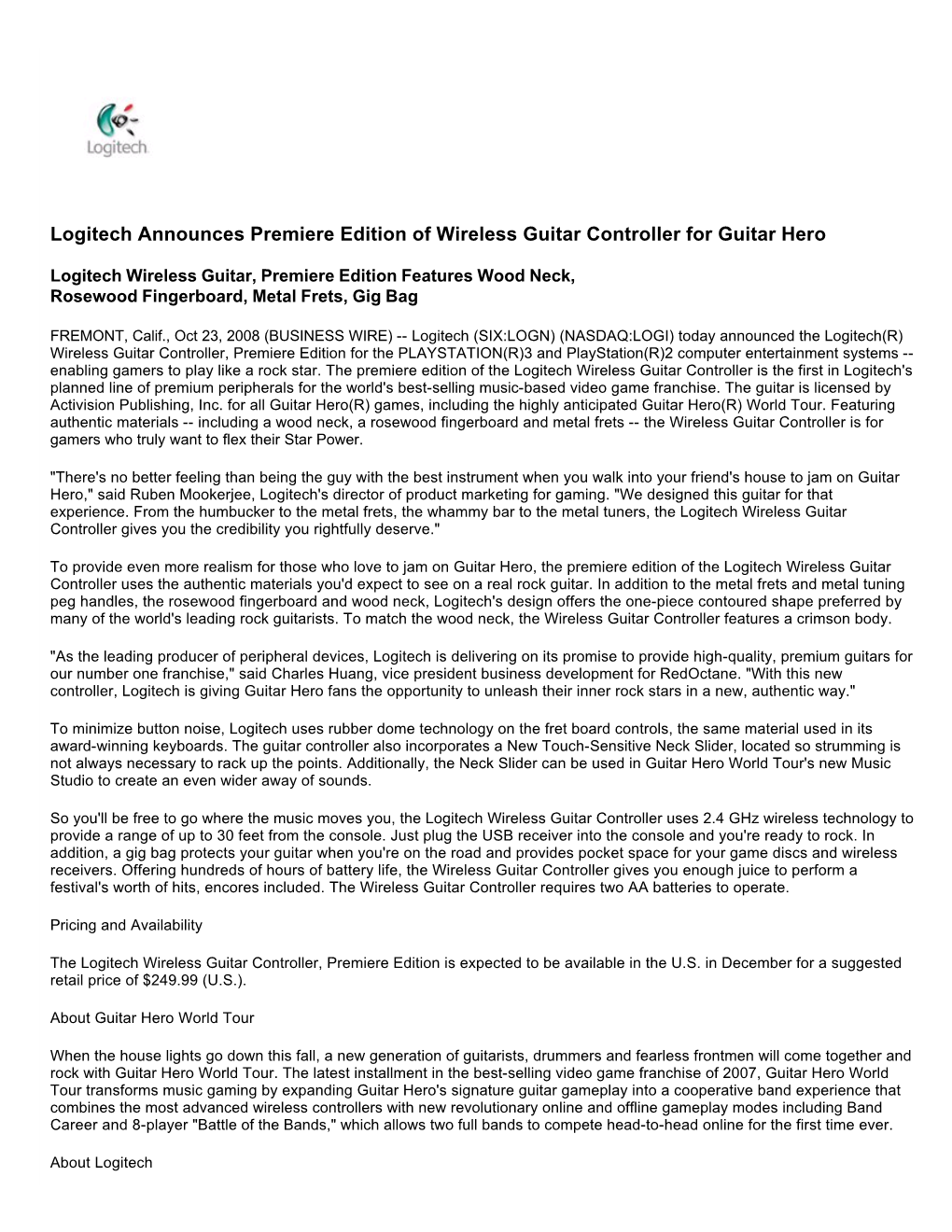 Logitech Announces Premiere Edition of Wireless Guitar Controller for Guitar Hero
