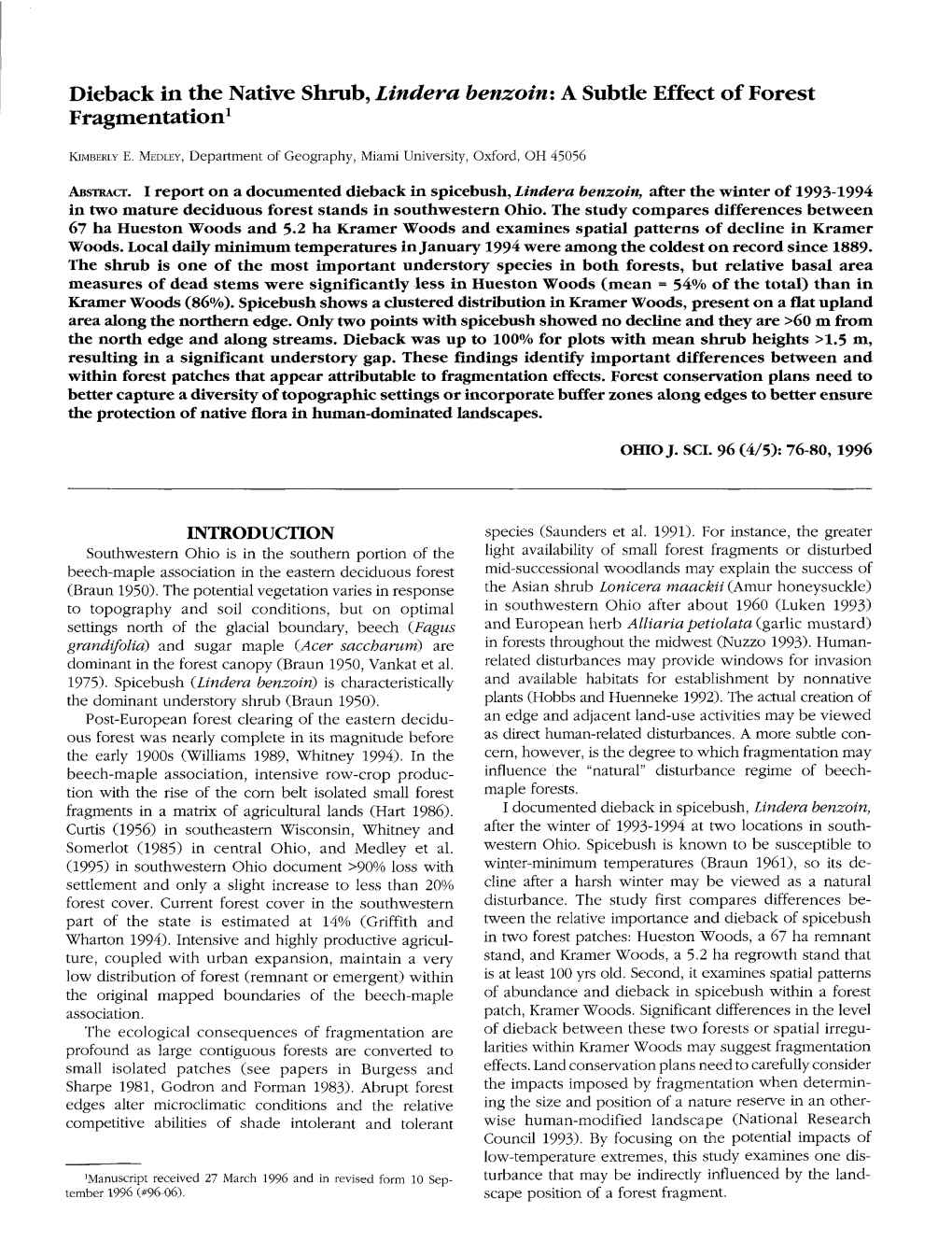 Dieback in the Native Shrub, Lindera Benzoin: a Subtle Effect of Forest