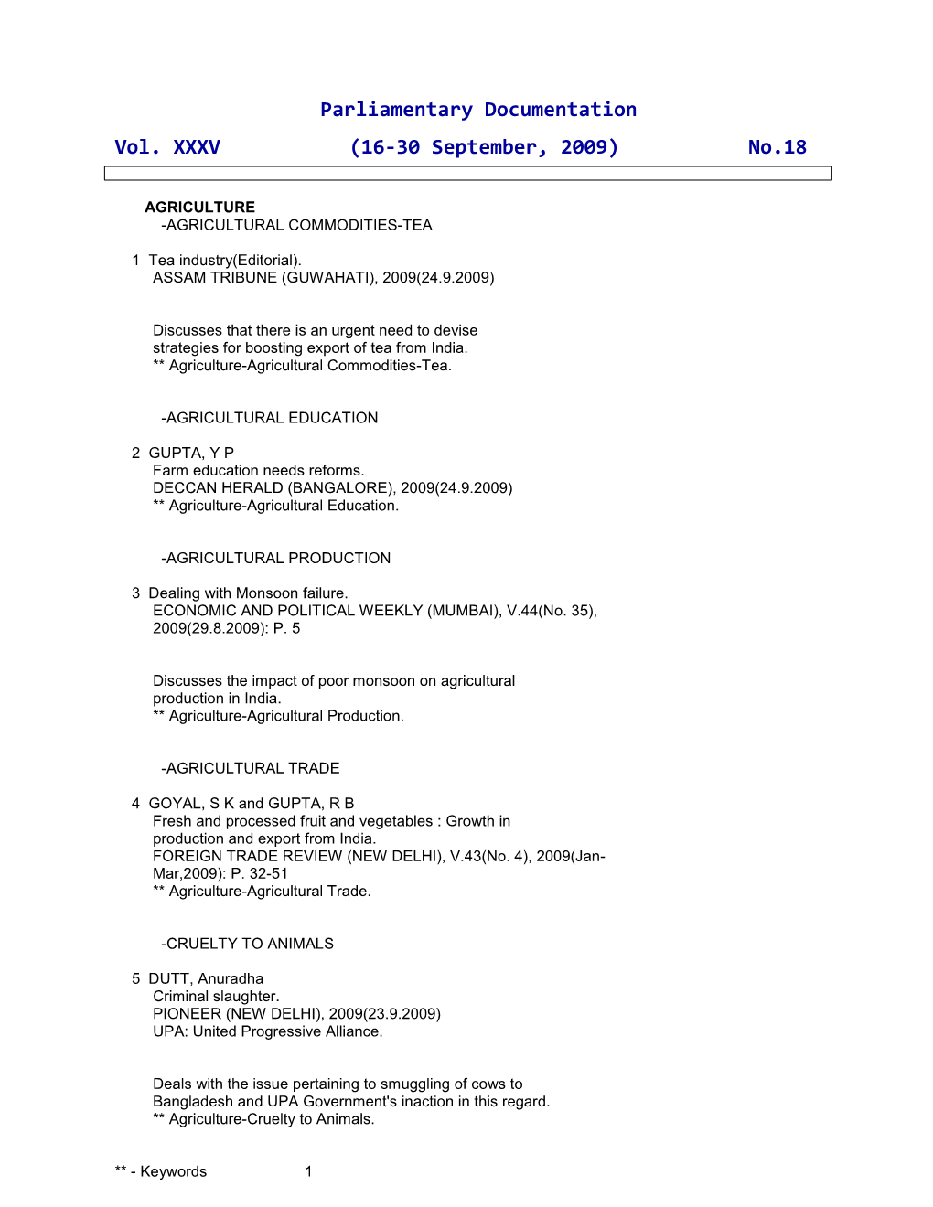 Parliamentary Documentation Vol. XXXV (16-30 September, 2009) No.18