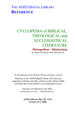 CYCLOPEDIA of BIBLICAL, THEOLOGICAL and ECCLESIASTICAL LITERATURE Metropolitan - Ministerium by James Strong & John Mcclintock