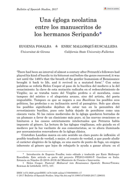 Una Égloga Neolatina Entre Los Manuscritos De Los Hermanos Seripando*