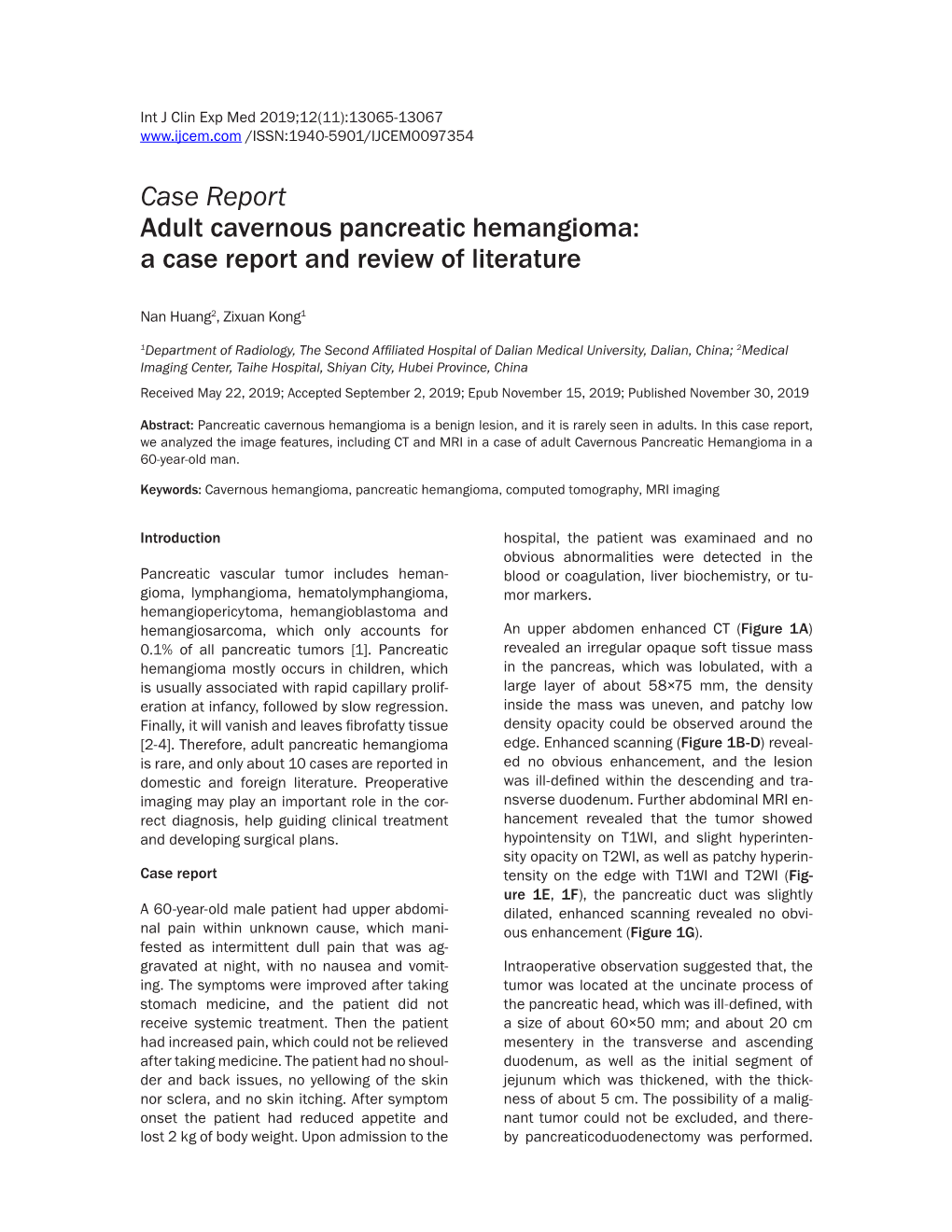 Case Report Adult Cavernous Pancreatic Hemangioma: a Case Report and Review of Literature