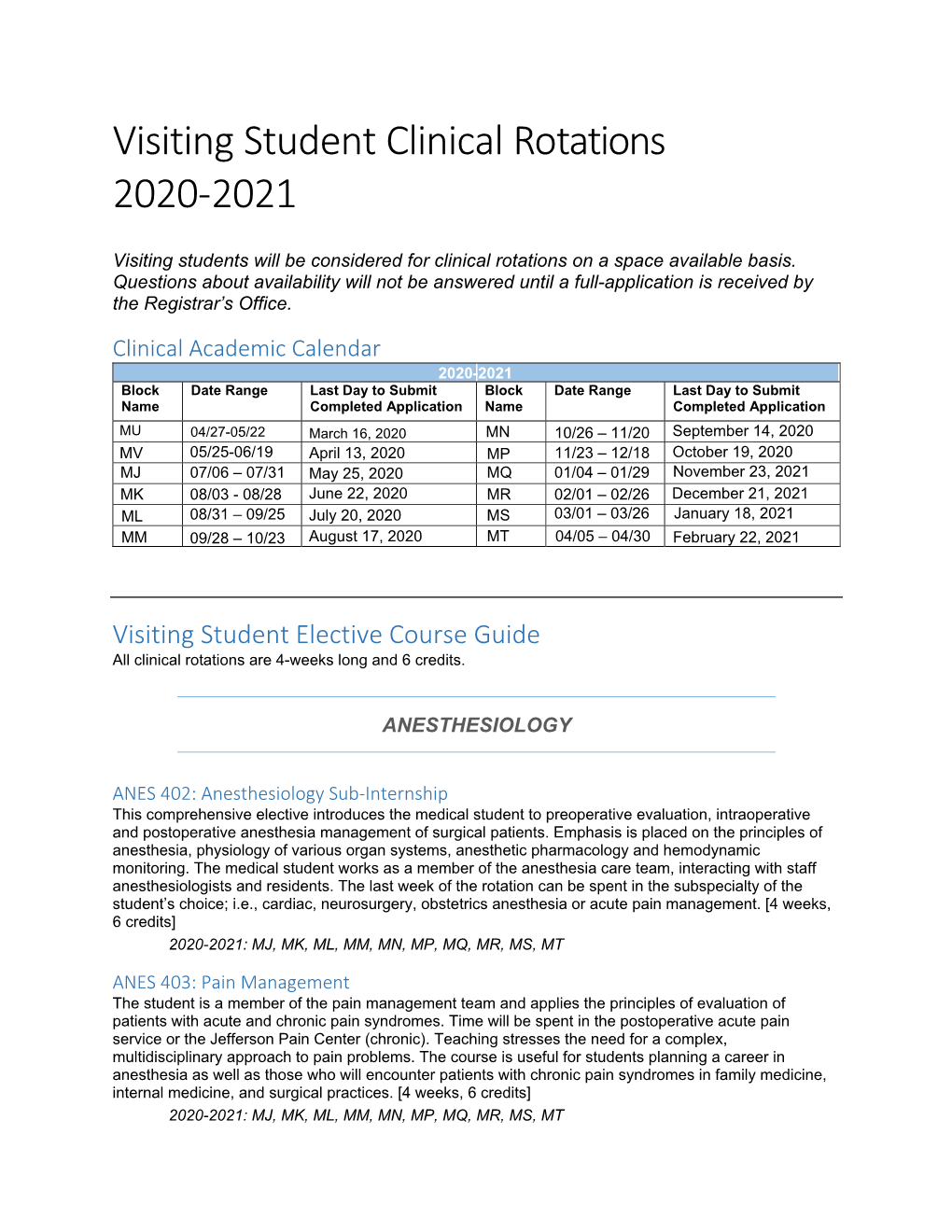 Visiting Student Clinical Rotations 2020‐2021