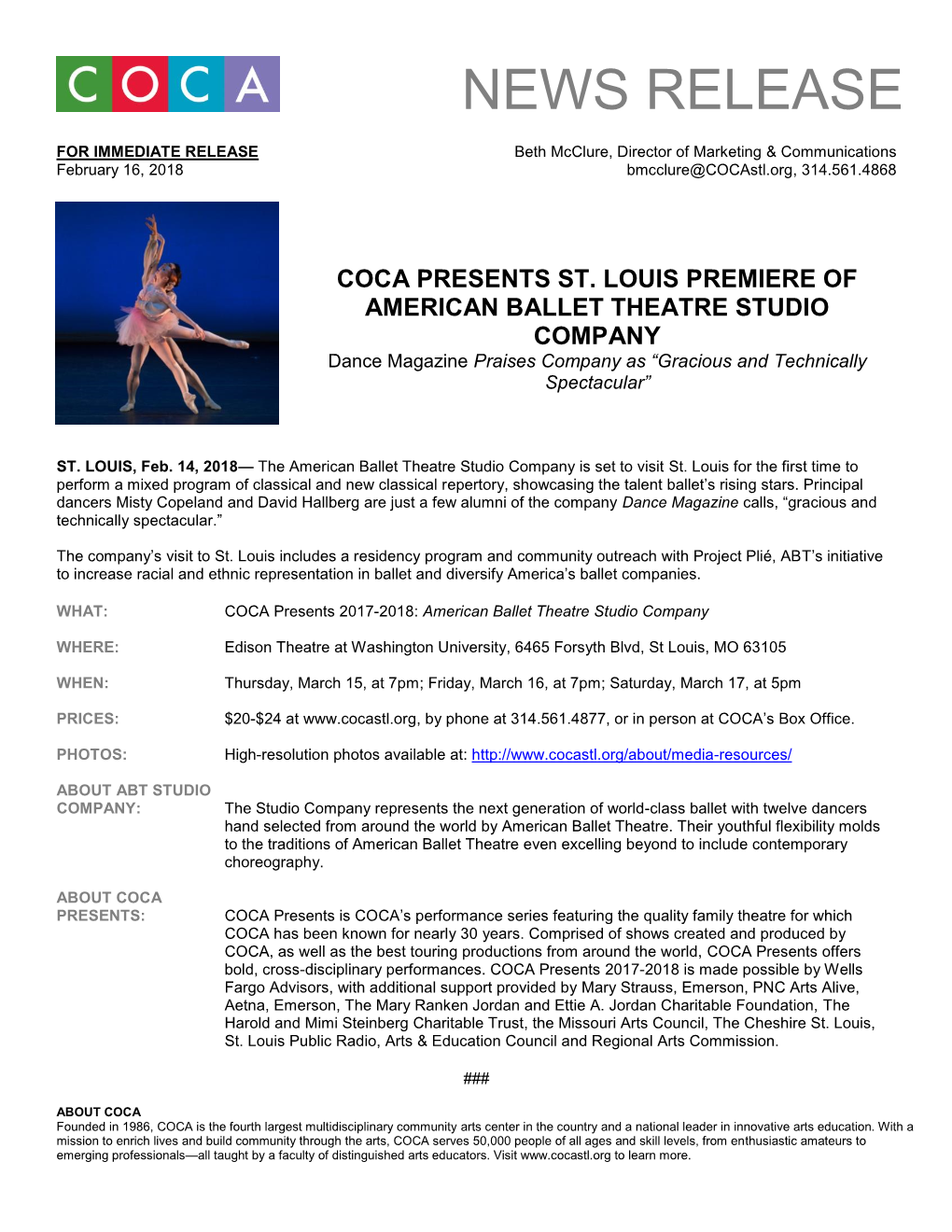 COCA PRESENTS ST. LOUIS PREMIERE of AMERICAN BALLET THEATRE STUDIO COMPANY Dance Magazine Praises Company As “Gracious and Technically Spectacular”