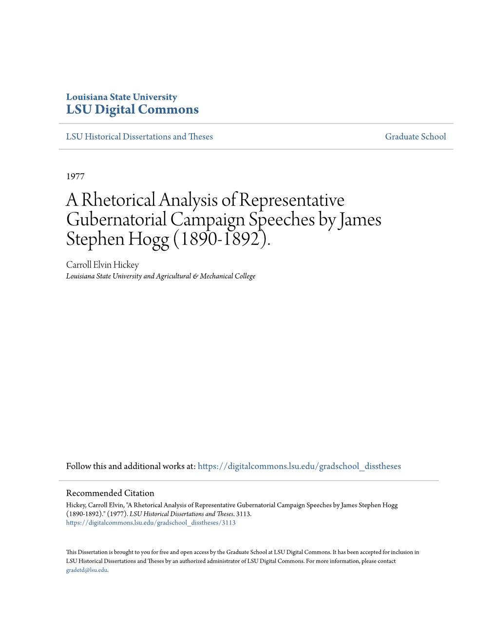 A Rhetorical Analysis of Representative Gubernatorial Campaign Speeches by James Stephen Hogg (1890-1892)
