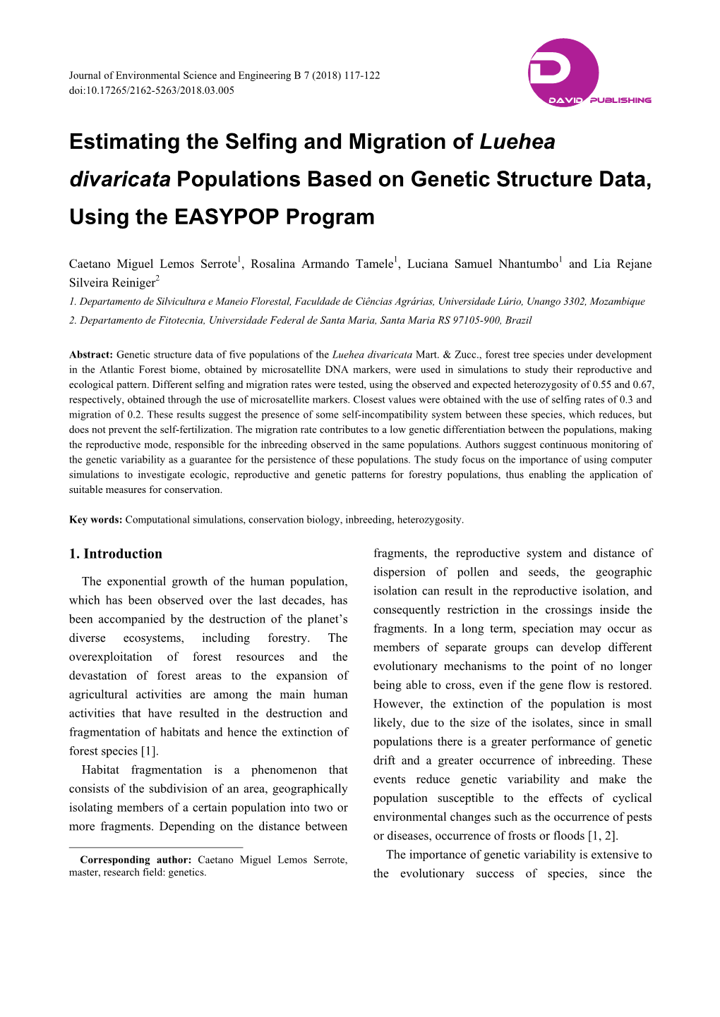 Estimating the Selfing and Migration of Luehea Divaricata Populations Based on Genetic Structure Data, Using the EASYPOP Program