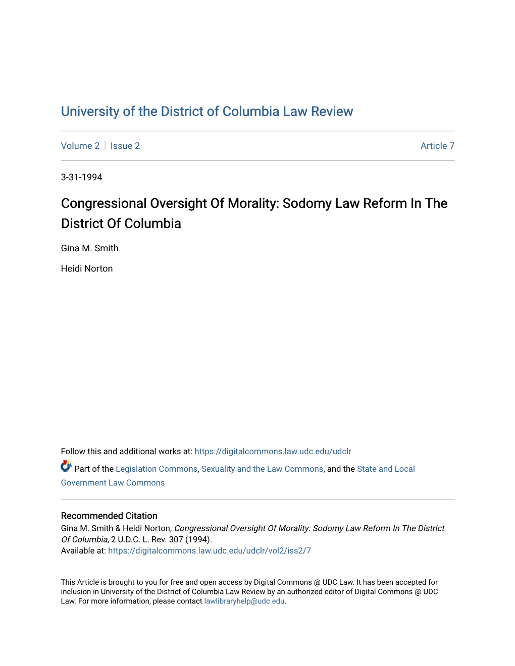 Congressional Oversight of Morality: Sodomy Law Reform in the District of Columbia