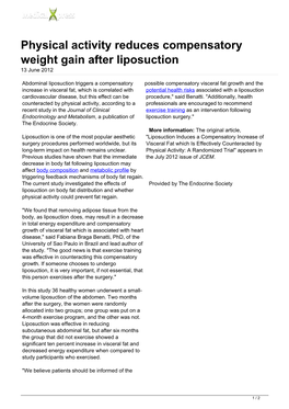 Physical Activity Reduces Compensatory Weight Gain After Liposuction 13 June 2012