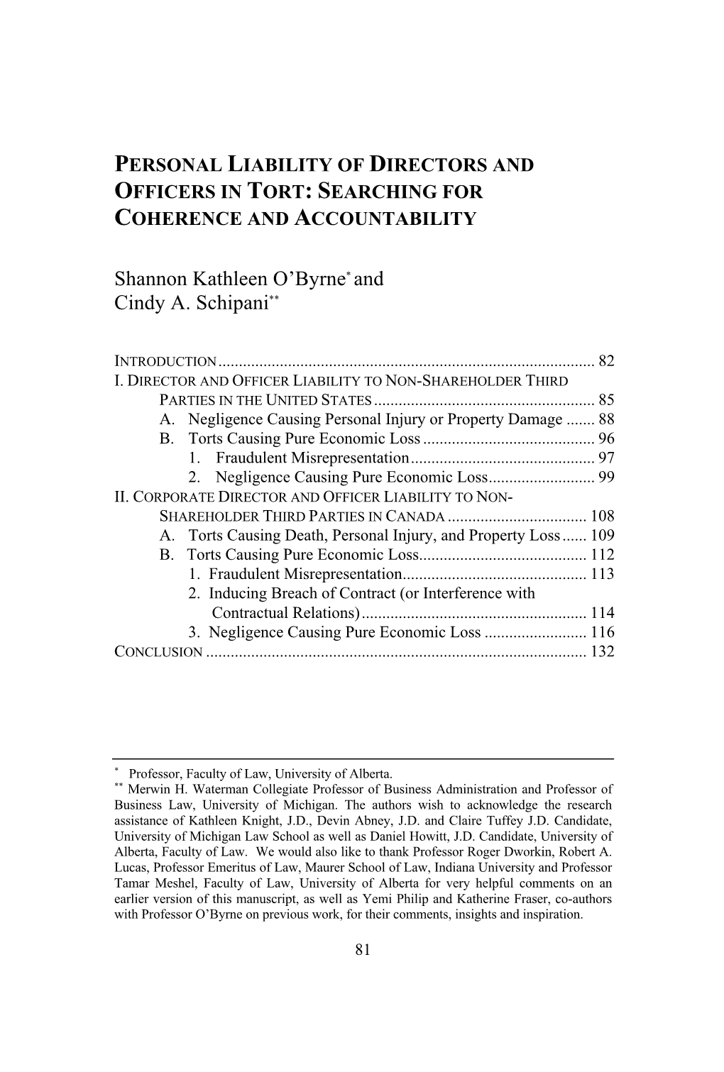 Personal Liability of Directors and Officers in Tort: Searching for Coherence and Accountability