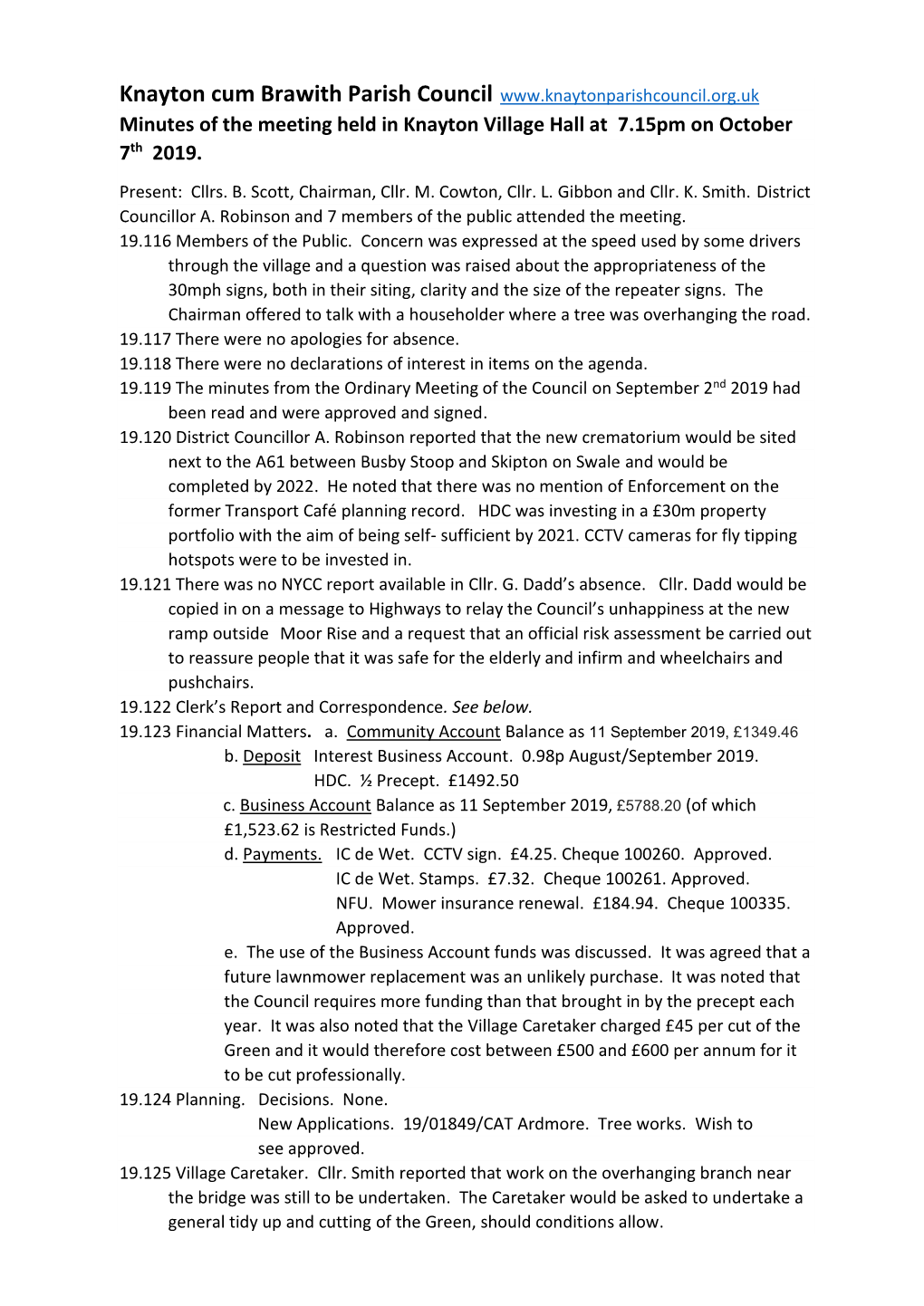 Knayton Cum Brawith Parish Council Minutes of the Meeting Held in Knayton Village Hall at 7.15Pm on October 7Th 2019