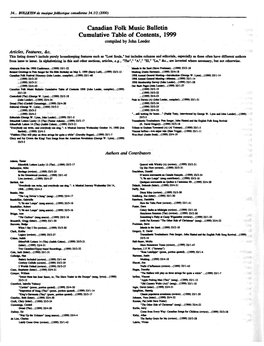 Canadian Folk Music Bulletin Cumulative Table of Contents, 1999 Compiled by John Leeder