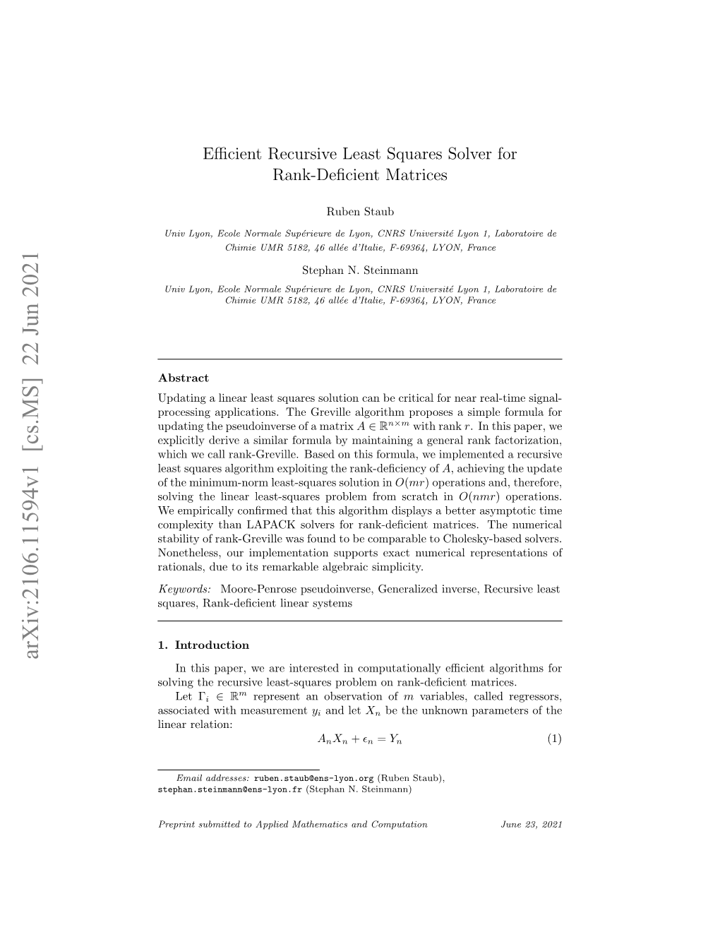 Efficient Recursive Least Squares Solver for Rank-Deficient Matrices