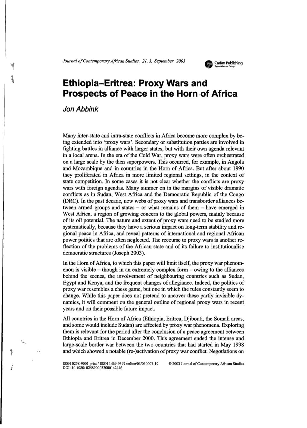 Proxy Wars and Prospects of Peace in the Horn of Africa Jon Abbink