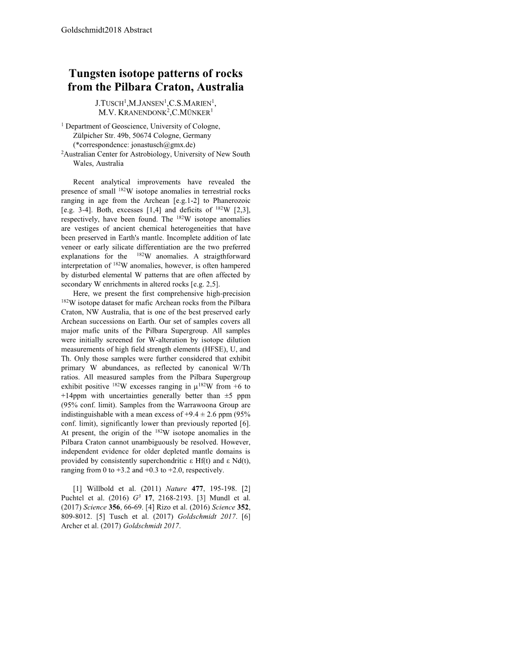 Tungsten Isotope Patterns of Rocks from the Pilbara Craton, Australia