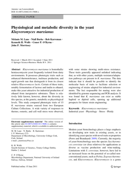 Physiological and Metabolic Diversity in the Yeast Kluyveromyces Marxianus