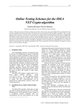 Online Testing Schemes for the IDEA NXT Crypto-Algorithm Andreea Bozeşan, Flavius Opriţoiu Computer Science Department, University Politehnica Timisoara, Romania