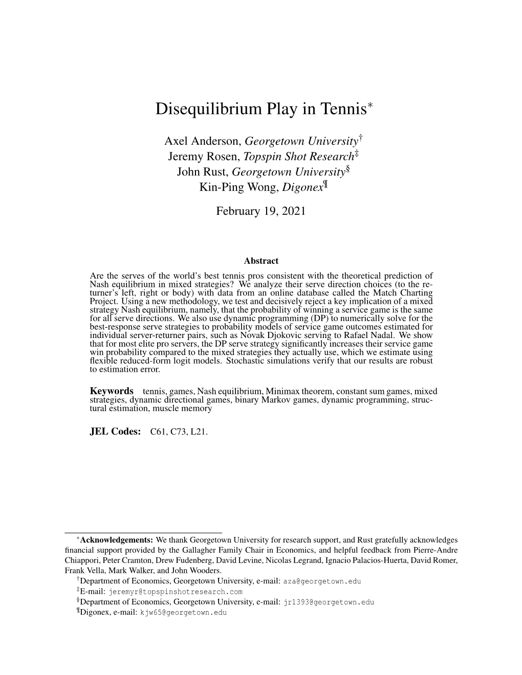 Disequilibrium Play in Tennis∗