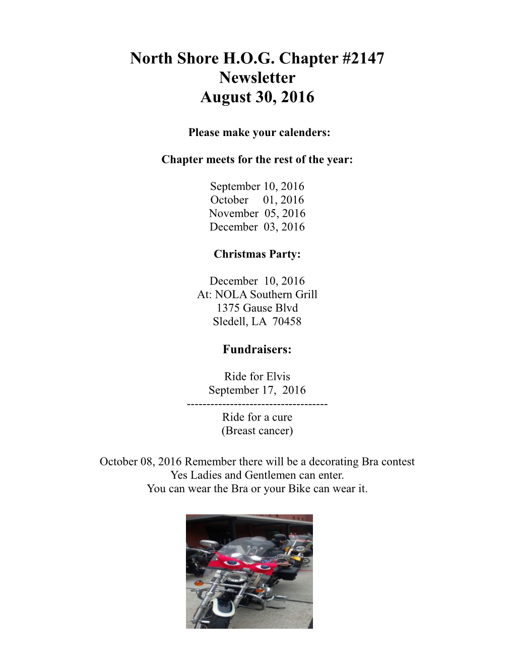 North Shore H.O.G. Chapter #2147 Newsletter August 30, 2016