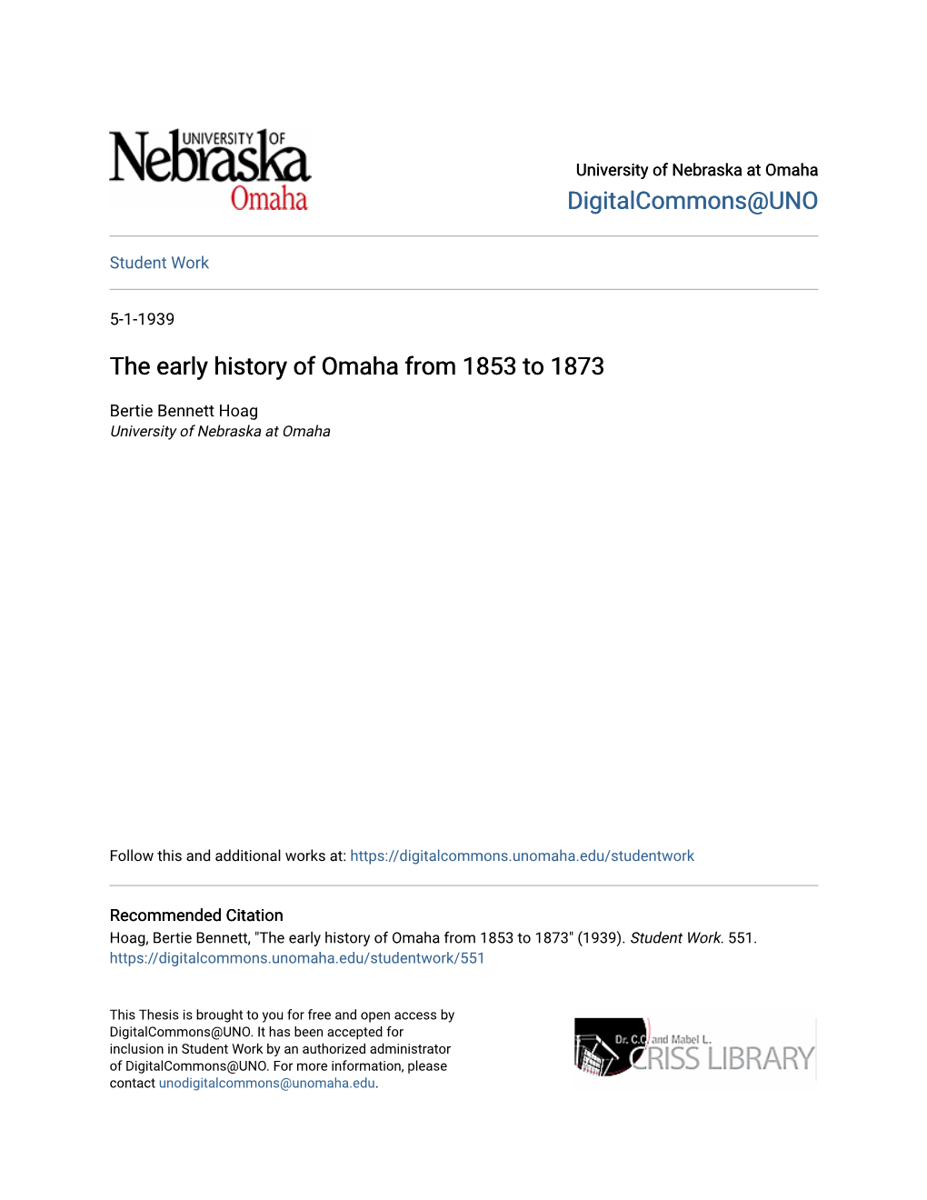 The Early History of Omaha from 1853 to 1873