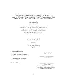 (Orchidaceae): Conservation Issues in Platanthera Leucophaea and Evolutionary Diversification in Section Limnorchis
